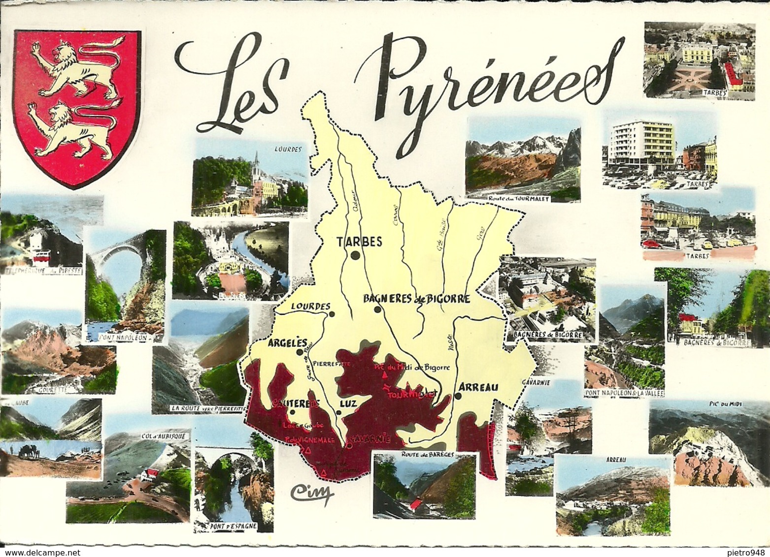 Les Pyrénées (Haute Pyrenees France) Vues Et Carte Geographique, Vedute E Cartina Geografica, Views And Geographical Map - Altri & Non Classificati