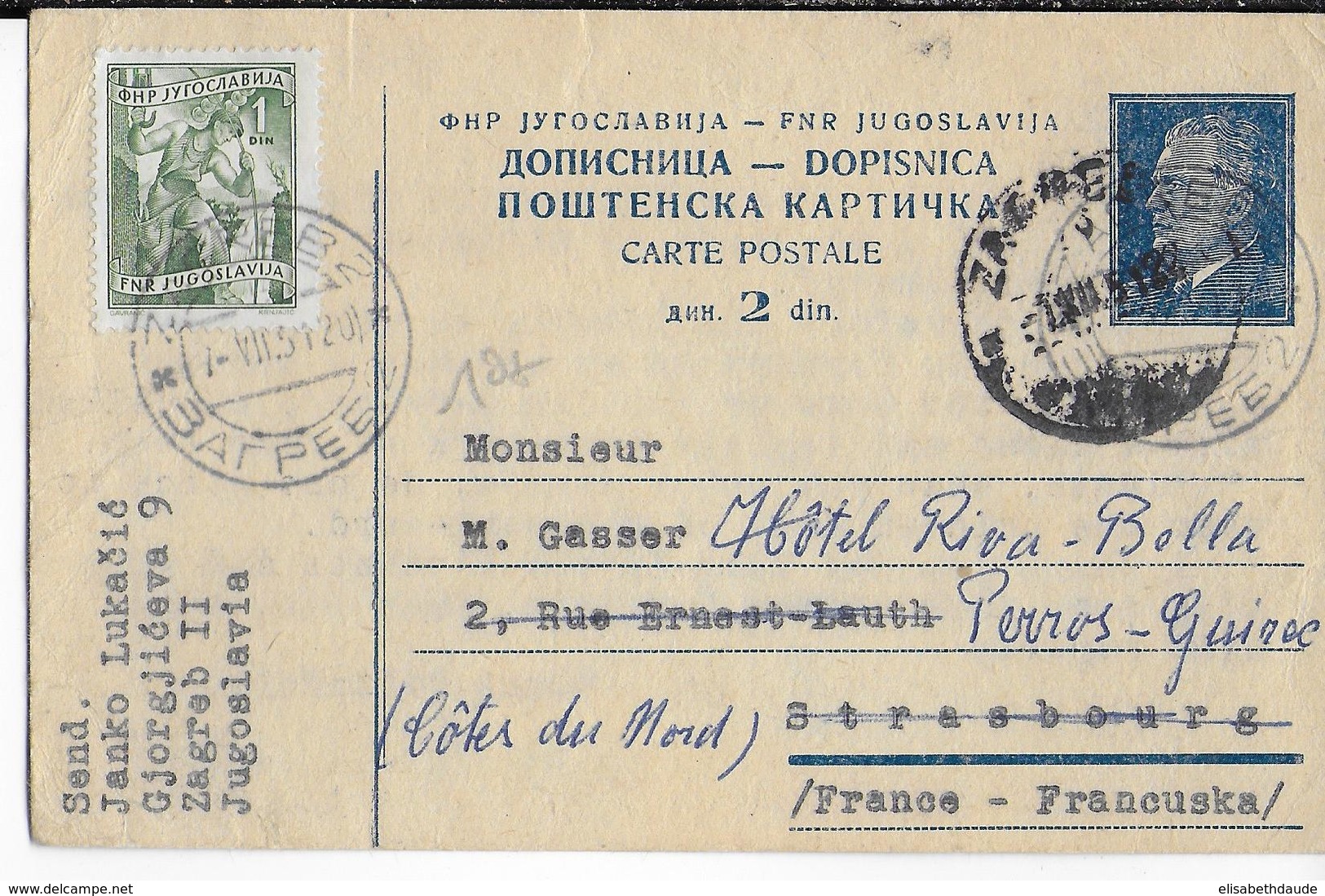 YOUGOSLAVIE - 1951 - CARTE ENTIER De ZAGREB => STRASBOURG READRESSEE à PERROS-GUIREC - Ganzsachen