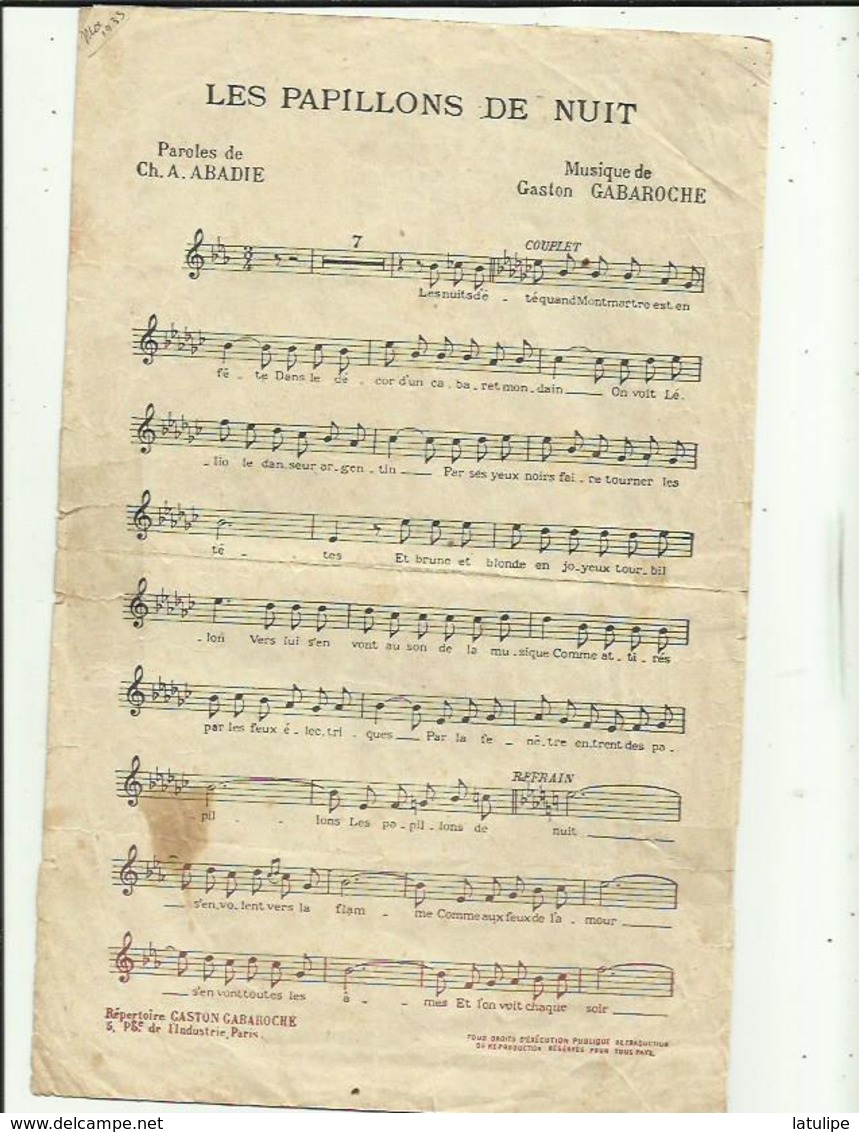 Partition Musicale ( Les Papillons De Nuit Chantée Par Damia .2 Pages  Paroles Et Musique - Scores & Partitions