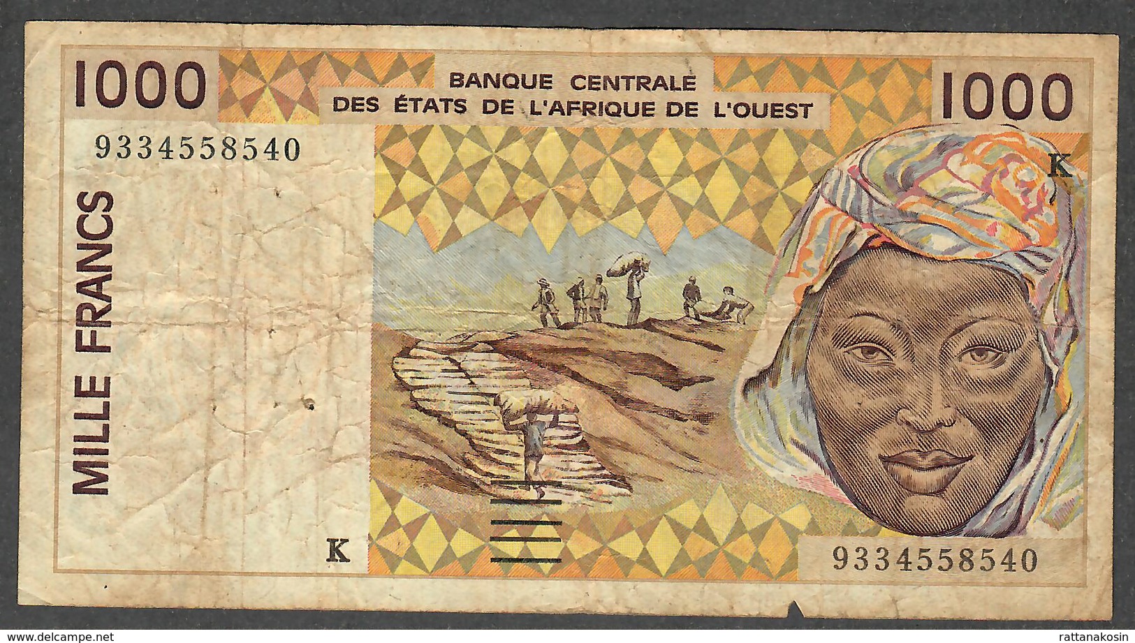 W.A.S. SENEGAL  P711Kc  1000  FRANCS  (19)93    FINE - Senegal