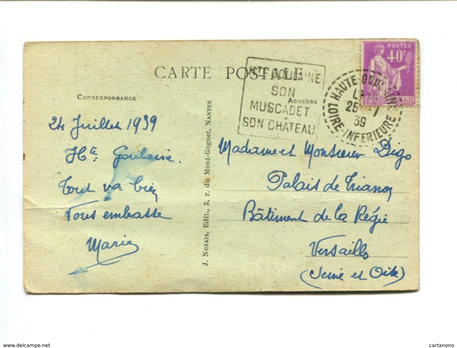 40c Type PAIX Sur Cp Oblitération DAGUIN Dateur Perlé 1939 - Haute Goulaine /son Muscadet/ Son Chateau - - Oblitérations Mécaniques (Autres)