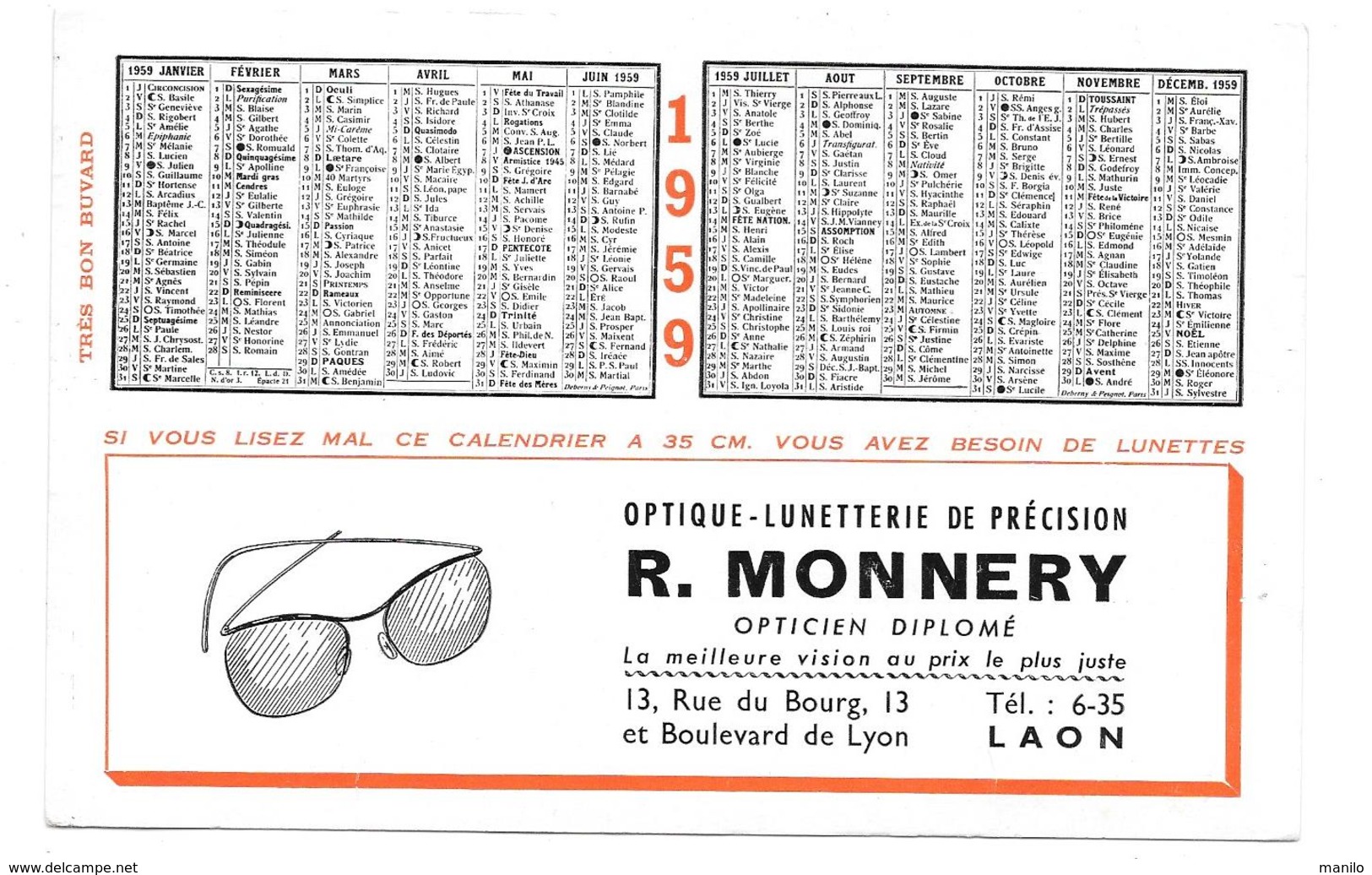 Buvard Ancien - OPTIQUE LUNETTERIE R.MONNERY à LAON - CALENDRIER 1959  TEST à 35cm - O