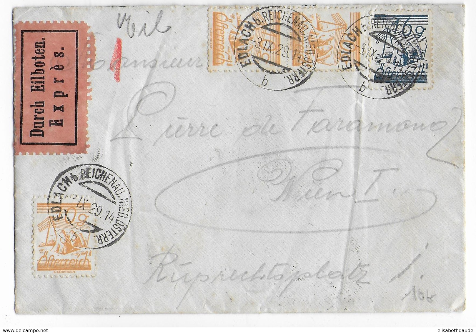 AUTRICHE - 1929 - ENVELOPPE Par EXPRES De EDLACH Bei REICHENAU => WIEN - Storia Postale