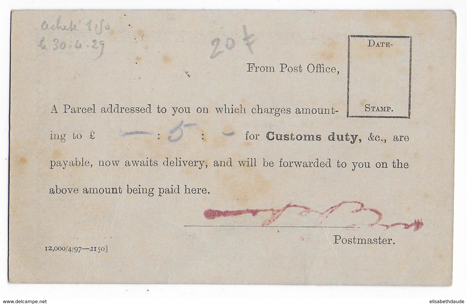 NEW ZEALAND - 1897 - RARE CARTE ENTIER De SERVICE Pour PERCEVOIR Des FRAIS De DOUANE - CUSTOMS - Lettres & Documents