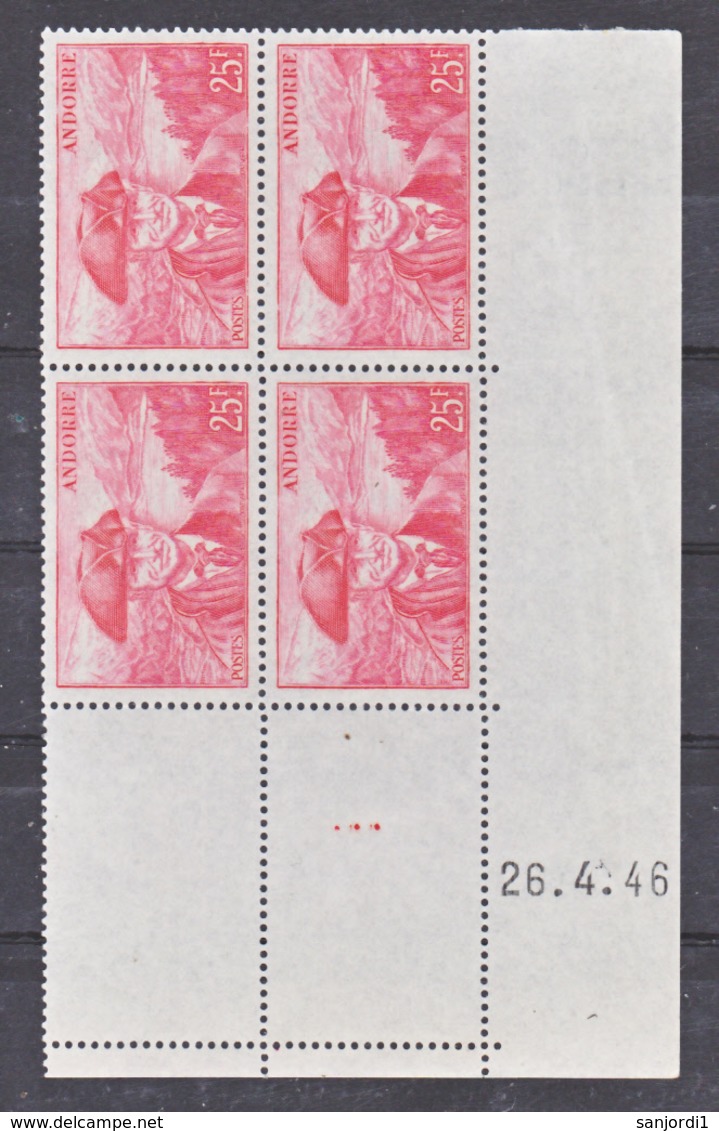 Andorre 116 Viguier  Bloc De 4 Coin Daté 3.4 46 Neuf * * TB MNH Cote 33.5 - Unused Stamps