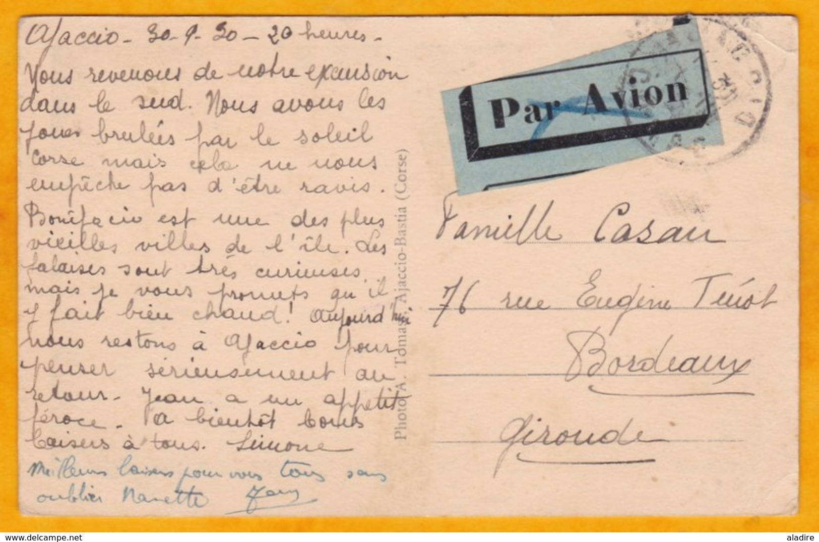 1930 - CP D'Ajaccio, Corse Vers Bordeaux, France  Par Avion  - Affranchissement Tricolore 75 C Tarif Spécial - - 1927-1959 Covers & Documents