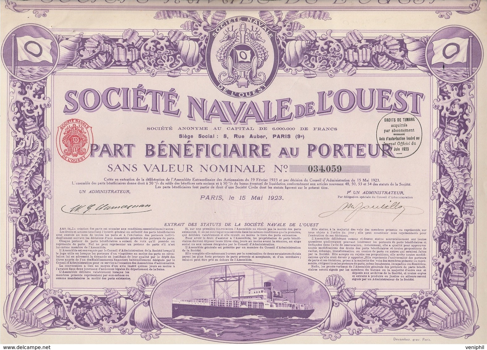 SOCIETE NAVALE DE L'OUEST -PART BENEFICIAIRE- ANNEE 1923 - COULEUR VIOLETTE - Navigazione
