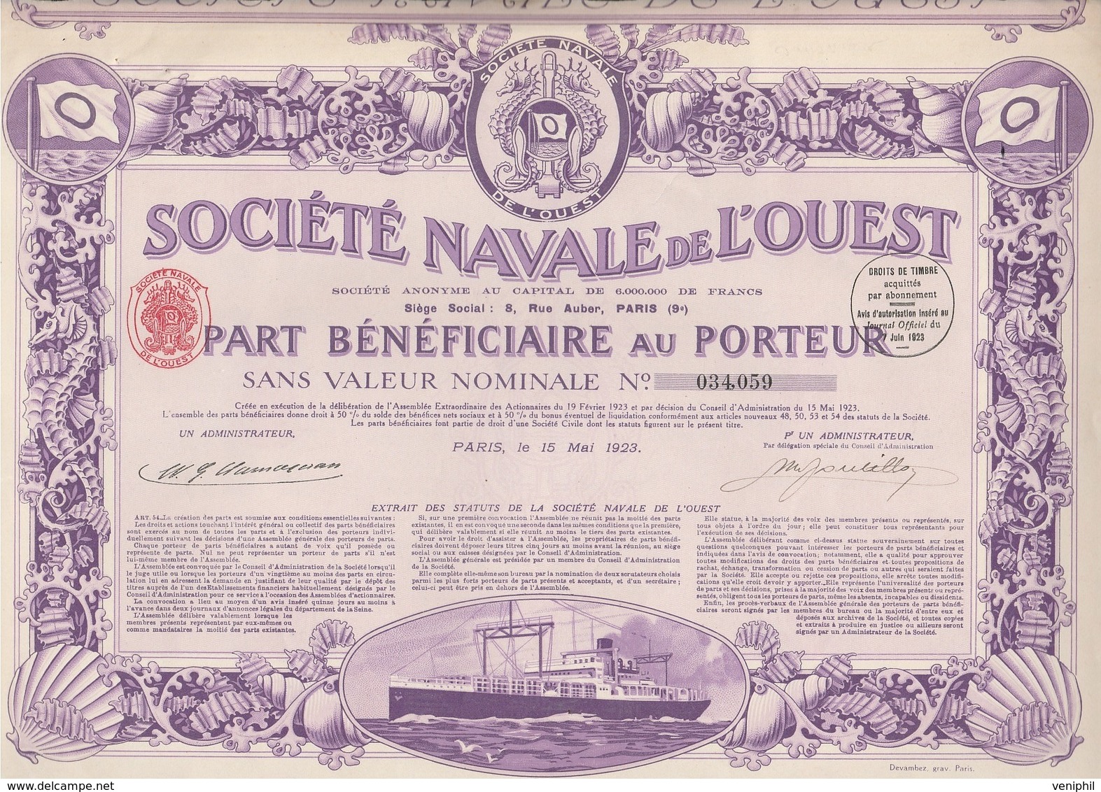 SOCIETE NAVALE DE L'OUEST -PART BENEFICIAIRE- ANNEE 1923 - COULEUR VIOLETTE - Navegación