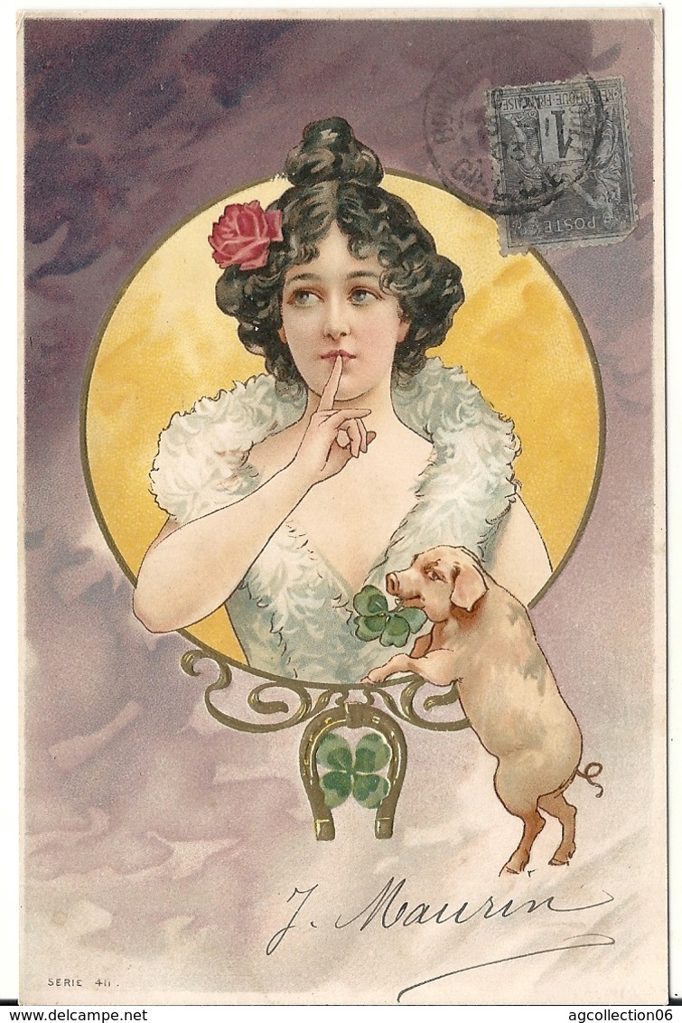 FEMME, COCHON ET FER A CHEVAL. CARTE GAUFFREE - Femmes