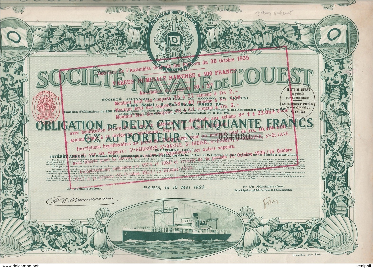 SOCIETE NAVALE DE L'OUEST - OBLIGATION DE 250 FRS - 6 % PORTEUR  -ANNEE 1923 -COULEUR VERTE - Navigazione