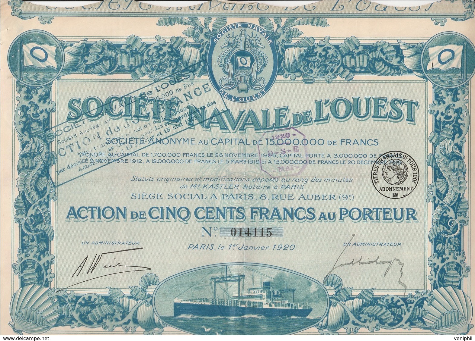 SOCIETE NAVALE DE L'OUEST - ACTION DE CINQ CENT FRANCS - ANNEE 1920 - COULEUR BLEU - Navigation