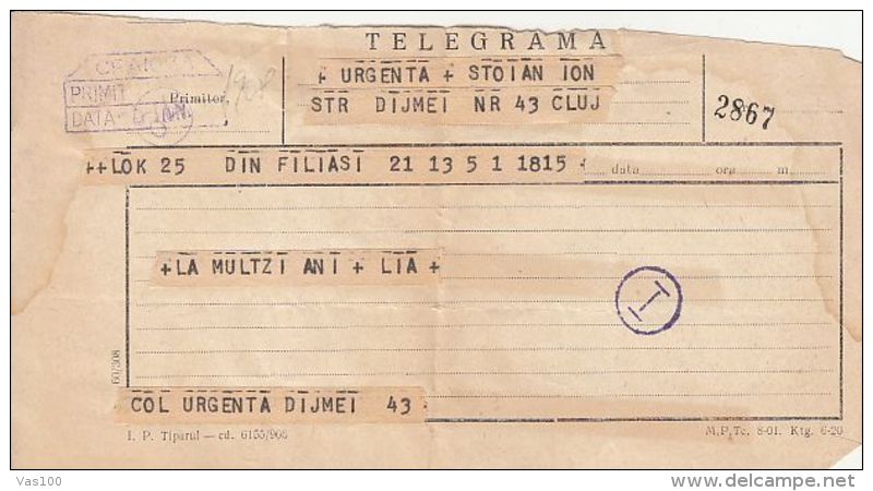 TELEGRAMME SENT FROM FOLOASI TO CLUJ NAPOCA, 1968, ROMANIA - Télégraphes
