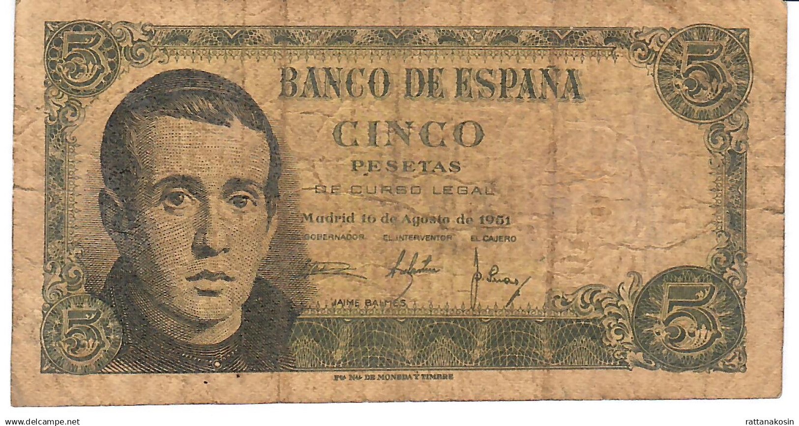 SPAIN P140  5  PESETAS 1951   F-VF - 5 Peseten