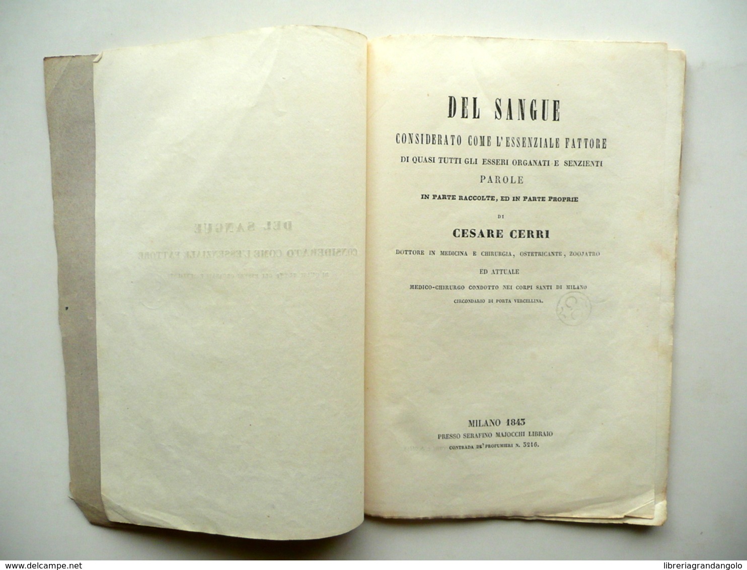 Del Sangue Parole Di Cesare Cerri Serafino Majocchi Milano 1843 Medicina - Unclassified