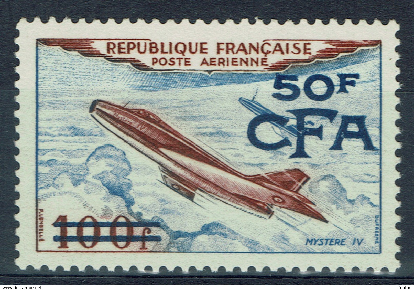 Réunion Island, Aircraft, "Mystère IV", French Stamp Overprint, 1954, MNH VF Airmail - Airmail