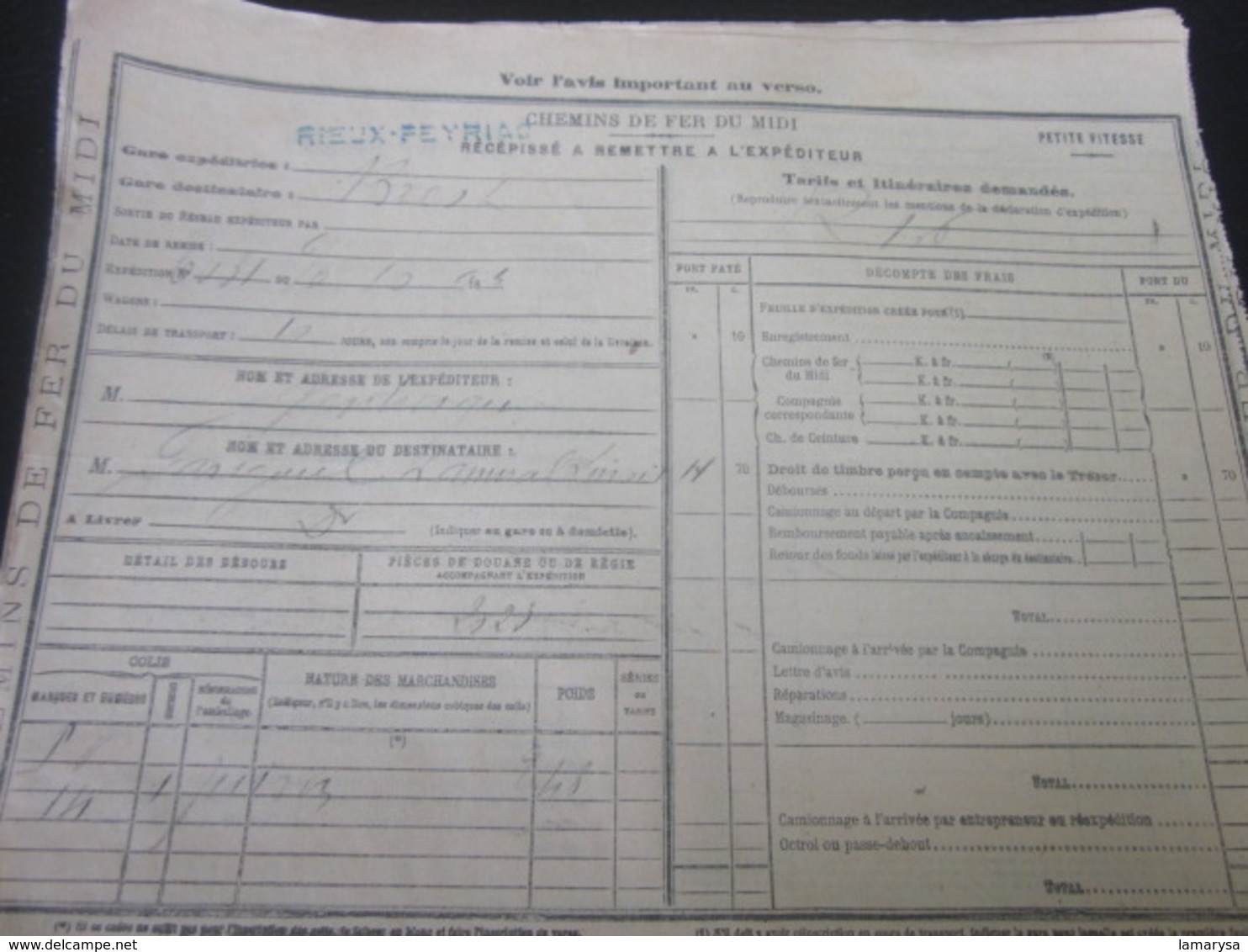 LOT DE 50 DOCUMENTS DE TRANSPORT SNCF CHEMINS DE FER DU MIDI RÉCÉPISSÉ EXPÉDITEUR PETITE VITESSE RIEUX-PEYRIAC TOULOUSE - Ferrovie