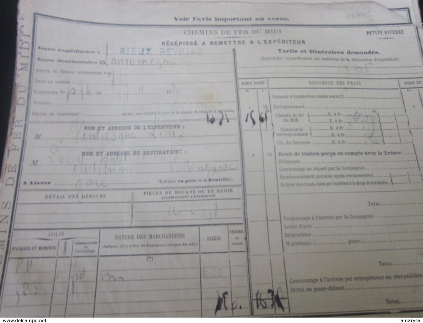 LOT DE 50 DOCUMENTS DE TRANSPORT SNCF CHEMINS DE FER DU MIDI RÉCÉPISSÉ EXPÉDITEUR PETITE VITESSE RIEUX-PEYRIAC TOULOUSE