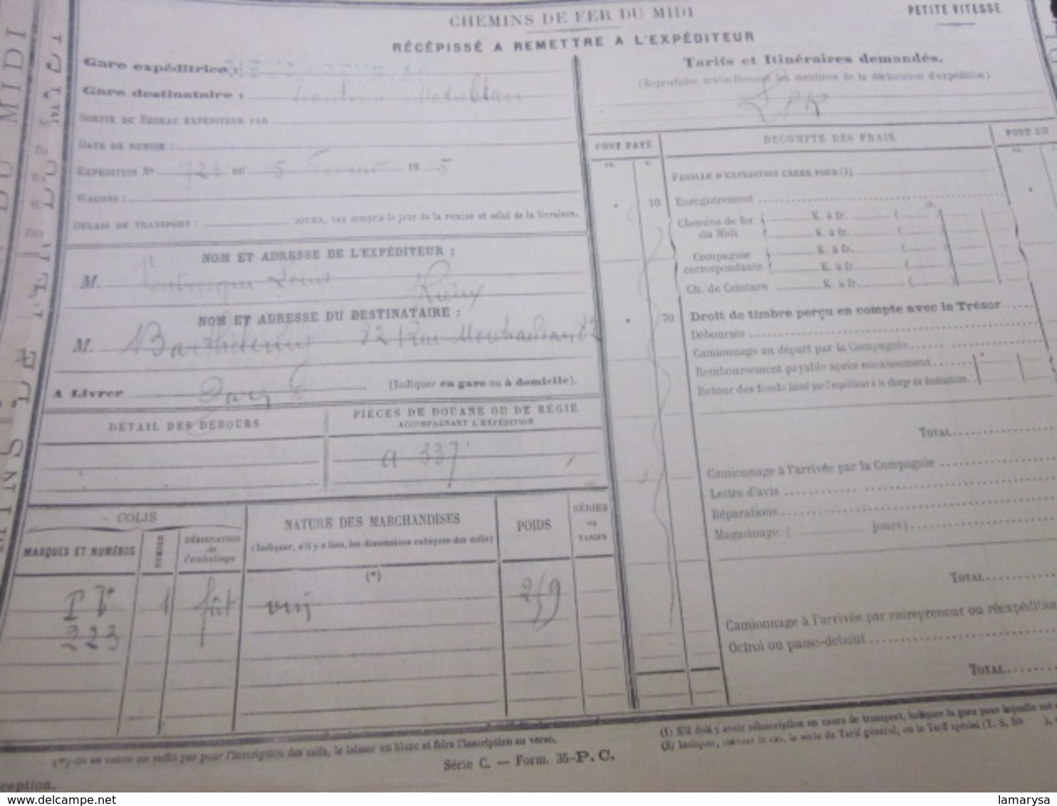 LOT DE 50 DOCUMENTS DE TRANSPORT SNCF CHEMINS DE FER DU MIDI RÉCÉPISSÉ EXPÉDITEUR PETITE VITESSE RIEUX-PEYRIAC TOULOUSE