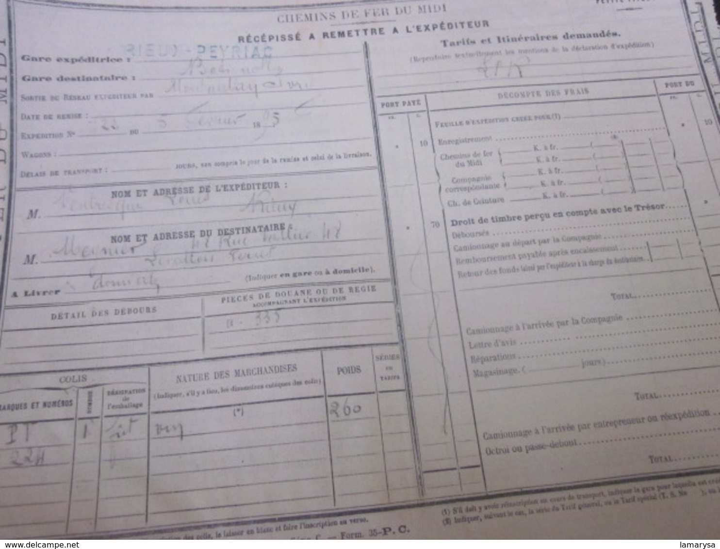 LOT DE 50 DOCUMENTS DE TRANSPORT SNCF CHEMINS DE FER DU MIDI RÉCÉPISSÉ EXPÉDITEUR PETITE VITESSE RIEUX-PEYRIAC TOULOUSE