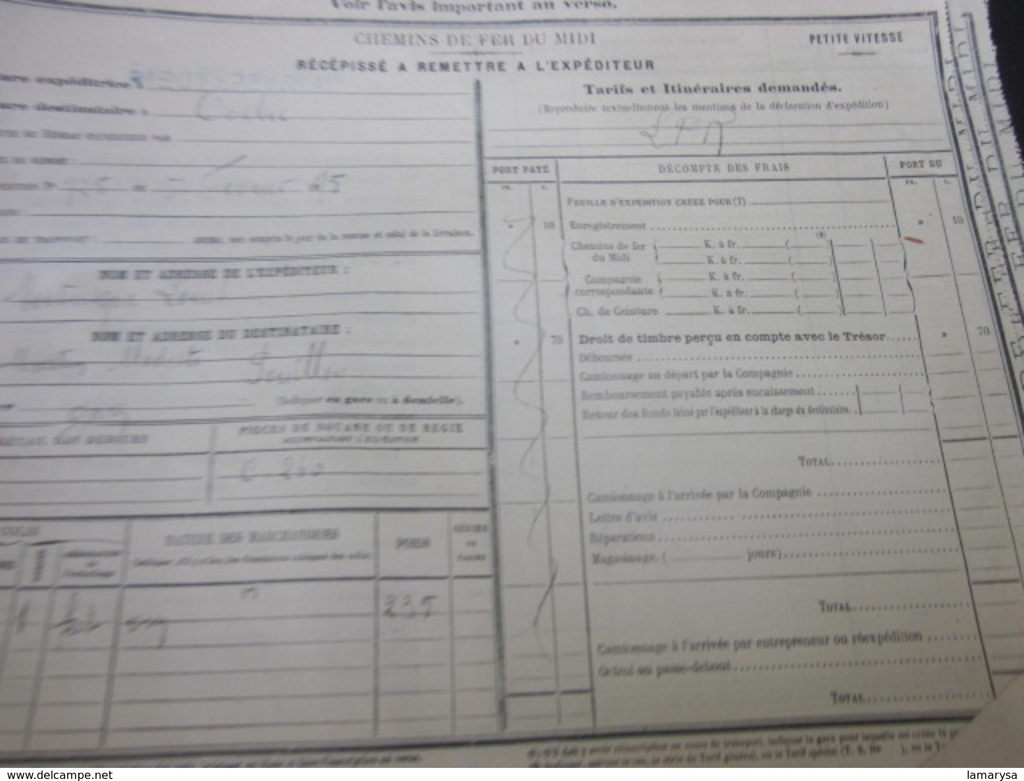 LOT DE 50 DOCUMENTS DE TRANSPORT SNCF CHEMINS DE FER DU MIDI RÉCÉPISSÉ EXPÉDITEUR PETITE VITESSE RIEUX-PEYRIAC TOULOUSE