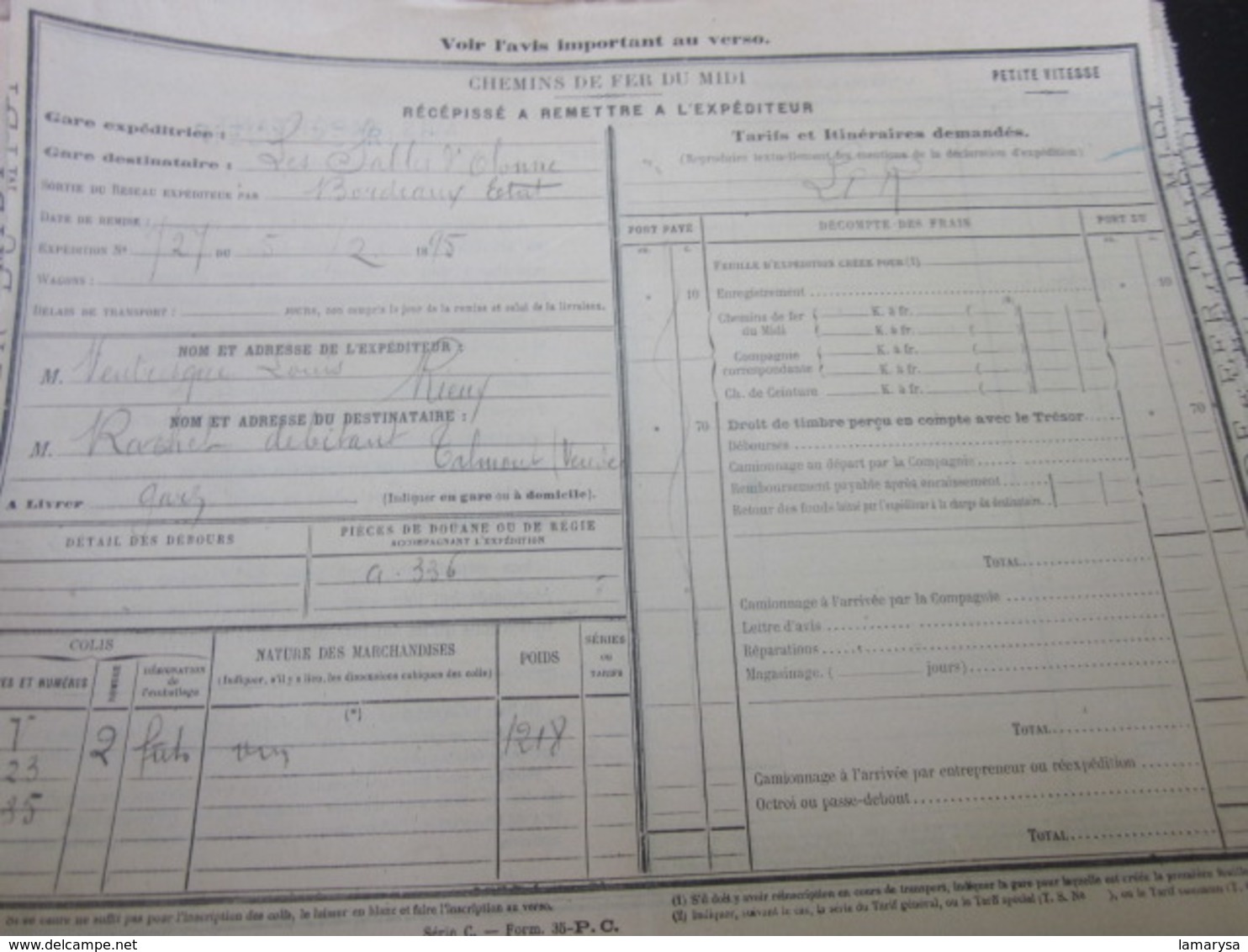 LOT DE 50 DOCUMENTS DE TRANSPORT SNCF CHEMINS DE FER DU MIDI RÉCÉPISSÉ EXPÉDITEUR PETITE VITESSE RIEUX-PEYRIAC TOULOUSE