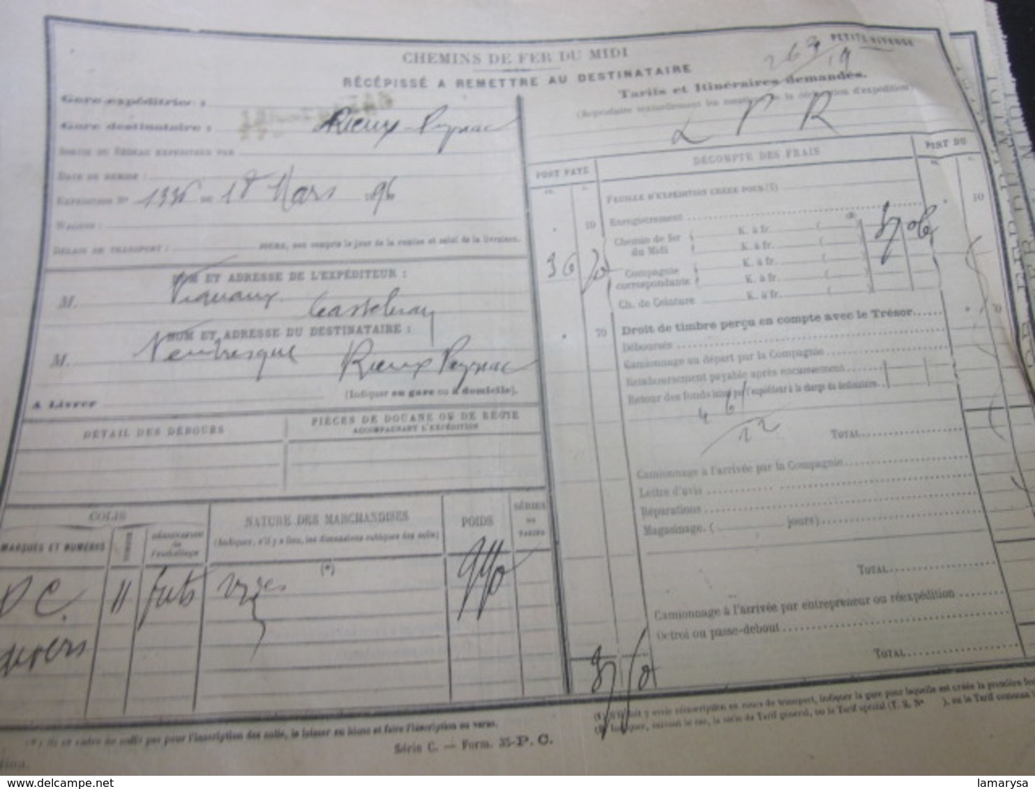 LOT DE 50 DOCUMENTS DE TRANSPORT SNCF CHEMINS DE FER DU MIDI RÉCÉPISSÉ EXPÉDITEUR PETITE VITESSE RIEUX-PEYRIAC TOULOUSE