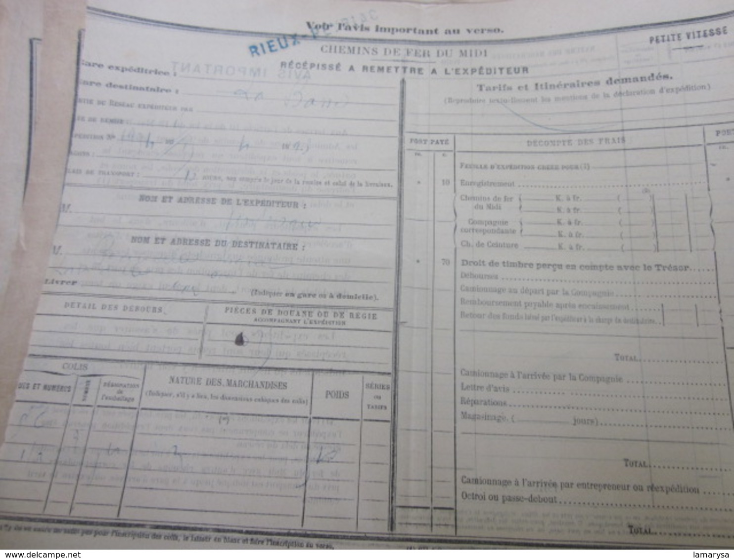 LOT DE 50 DOCUMENTS DE TRANSPORT SNCF CHEMINS DE FER DU MIDI RÉCÉPISSÉ EXPÉDITEUR PETITE VITESSE RIEUX-PEYRIAC TOULOUSE