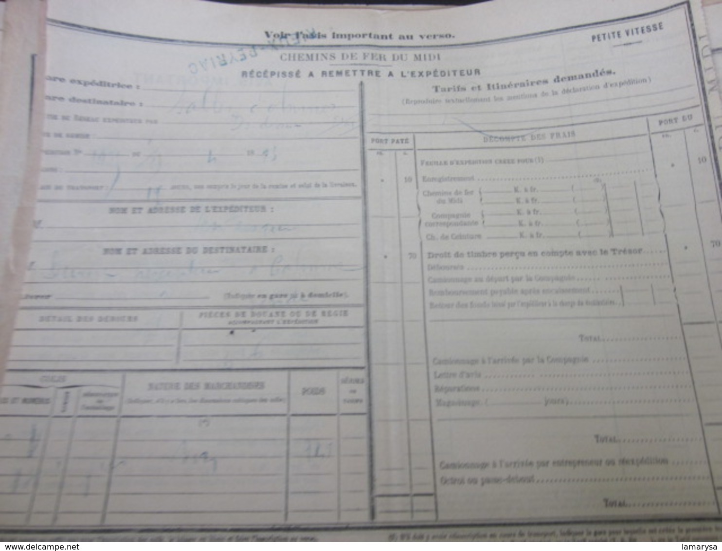 LOT DE 50 DOCUMENTS DE TRANSPORT SNCF CHEMINS DE FER DU MIDI RÉCÉPISSÉ EXPÉDITEUR PETITE VITESSE RIEUX-PEYRIAC TOULOUSE