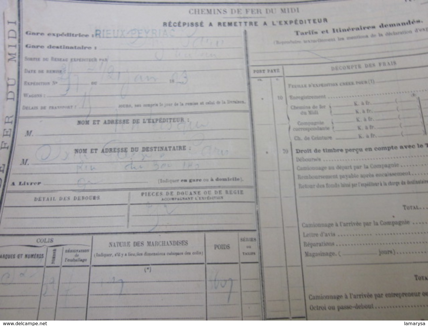 LOT DE 50 DOCUMENTS DE TRANSPORT SNCF CHEMINS DE FER DU MIDI RÉCÉPISSÉ EXPÉDITEUR PETITE VITESSE RIEUX-PEYRIAC TOULOUSE