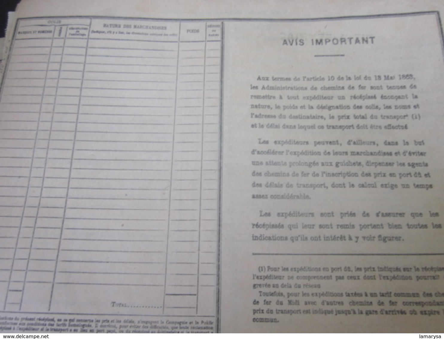 LOT DE 50 DOCUMENTS DE TRANSPORT SNCF CHEMINS DE FER DU MIDI RÉCÉPISSÉ EXPÉDITEUR PETITE VITESSE RIEUX-PEYRIAC TOULOUSE