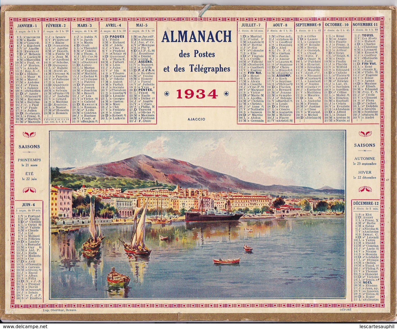 Almanach Des Postes Et Telegraphes Ajaccio Corse Carte Aveyron Complet 1934 - Grand Format : 1921-40