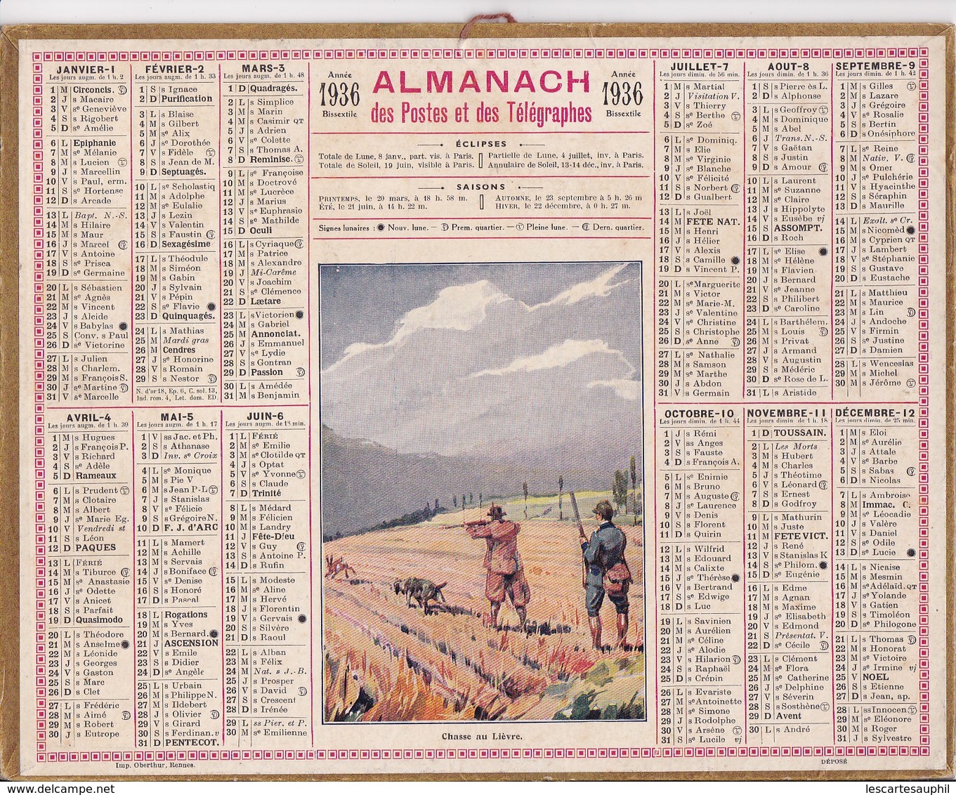 Almanach Des Postes Et Telegraphes 1936 Chasseur De Lievre - Grand Format : 1921-40