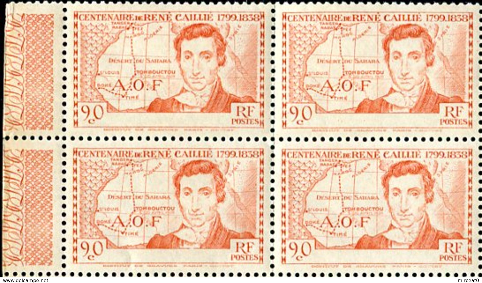 COTE IVOIRE  1939  MNH  -  " CENTENAIRE De RENE CAILLIE / VARIÉTÉ SANS LE NOM DU PAYS "  -  BLOC DE 4 VAL - Neufs