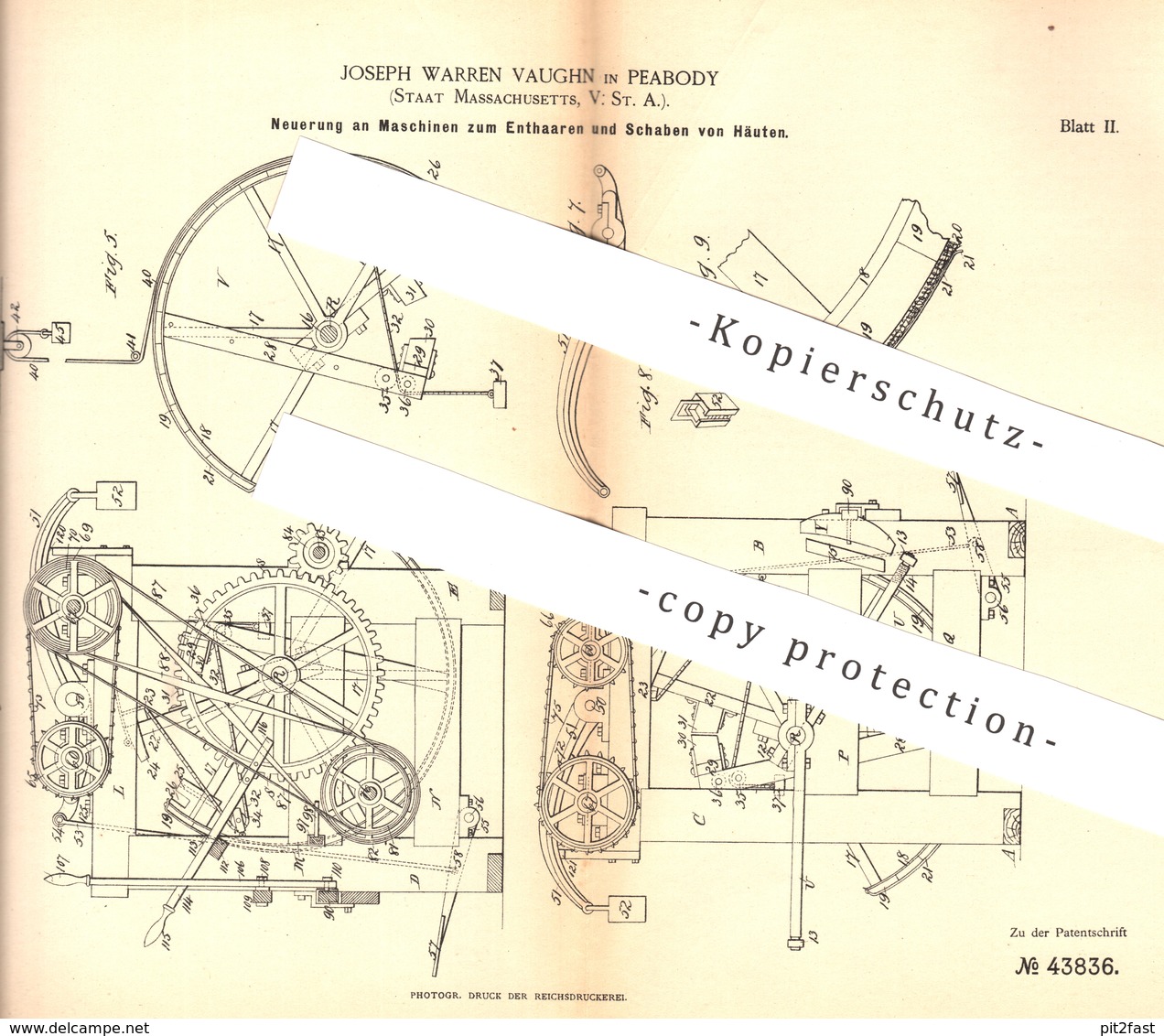 Original Patent - Joseph Waren Vaughn , Peabody , USA , 1887 , Enthaaren Und Schaben Von Haut , Fell | Gerber , Leder - Historische Dokumente