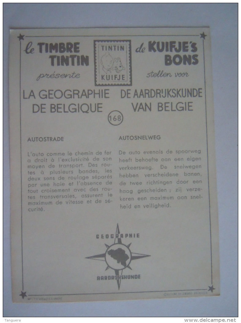 Chromo Timbre Tintin Kuifje's Bon Geographie De Belgique 168 Autostrade Autosnelweg  Auto - Andere & Zonder Classificatie