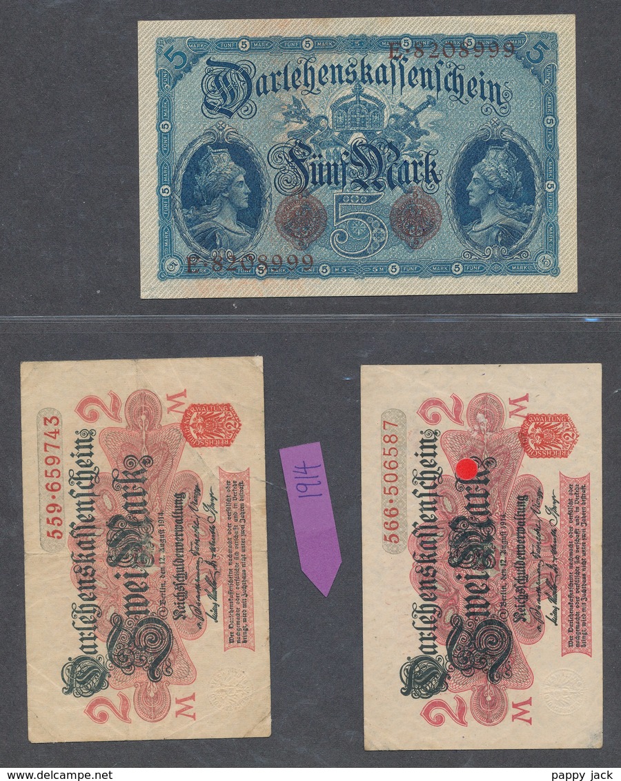 German Banknotes  Deutsches Reich 5 Mark & 2 Mark 1914 X 2 - 5 Mark