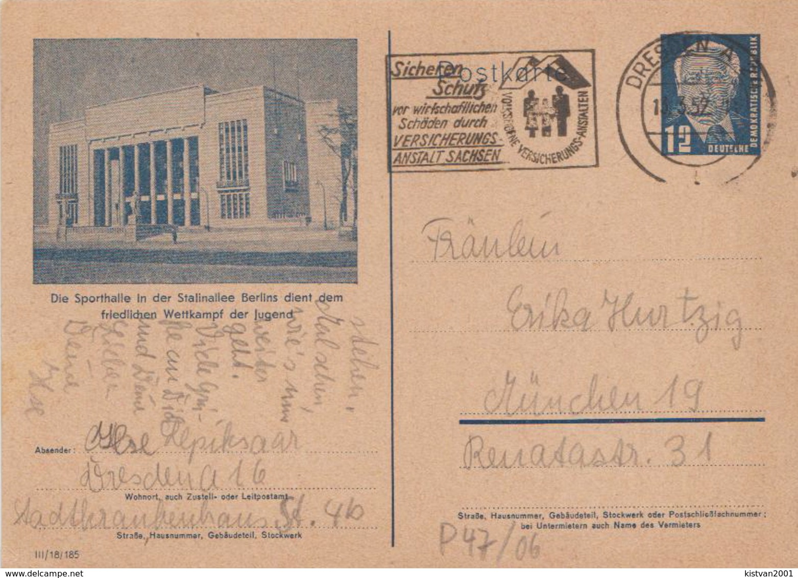 Germany Used Postal Stationery Card ( Ganzsache) With President Pieck And Berlin Sport Hall - Postcards - Used