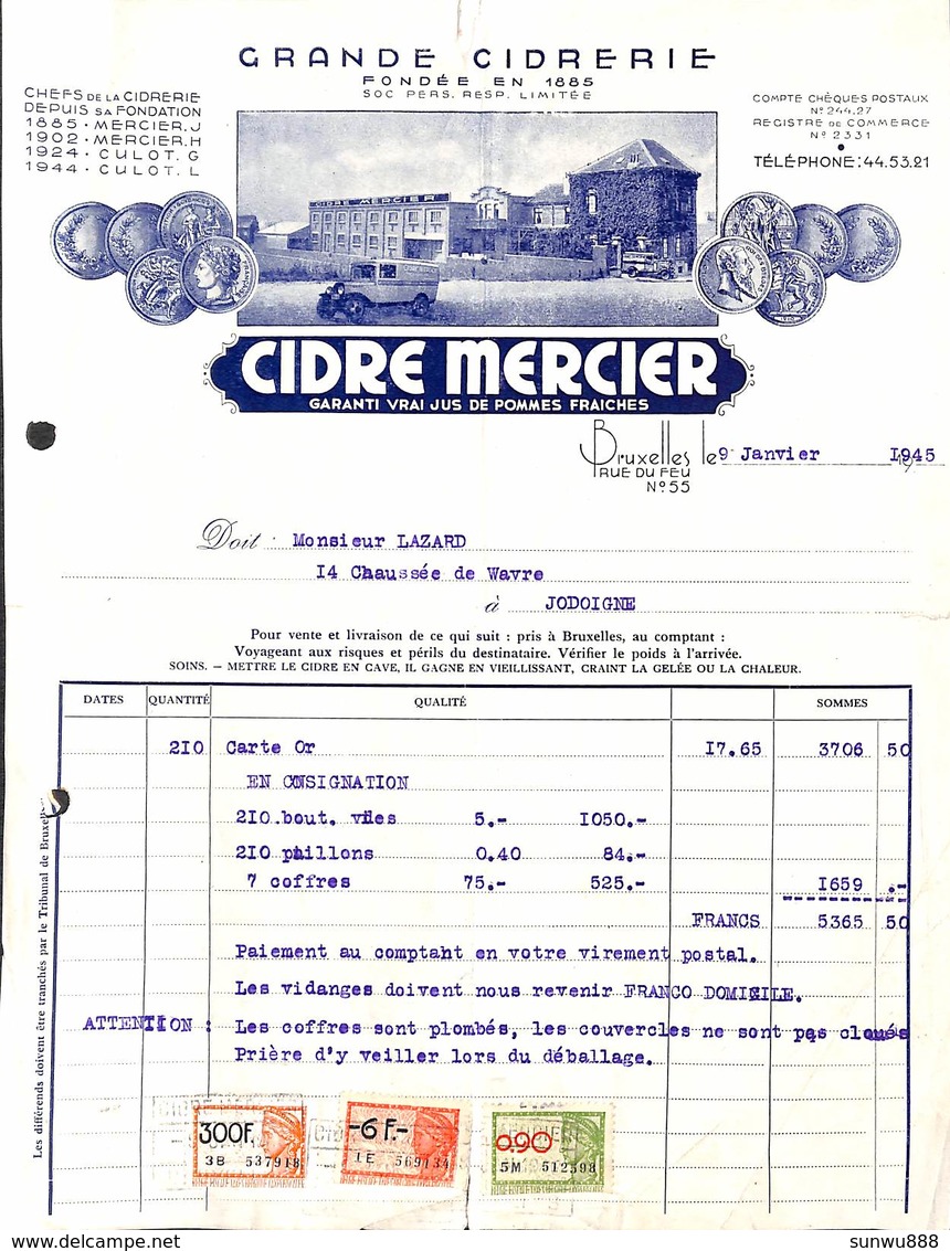 Grande Cidrerie Mercier - Bruxelles Pour Jodoigne (illustrée, Oldtimer, Timbres) 1945 - 1900 – 1949