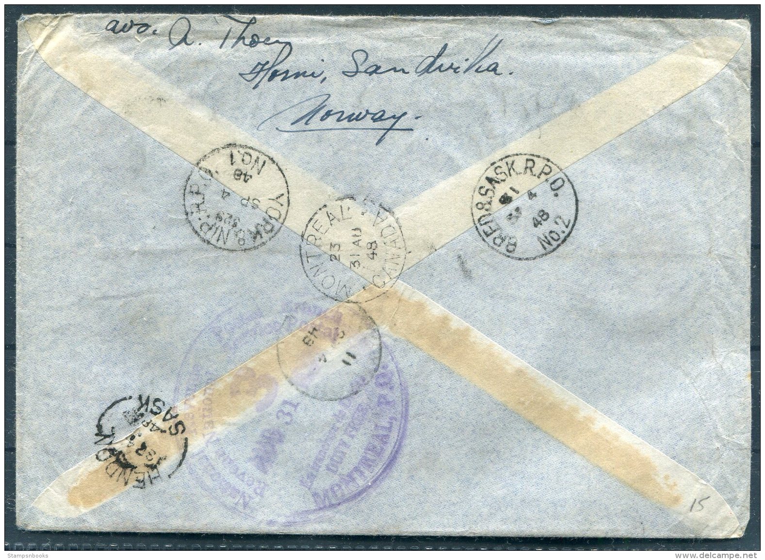 1948 Norway Sandvika Registered Cover - Hendon, Saskatchewan, Via Montreal, Train Railway R.P.O. Canada - Unclassified