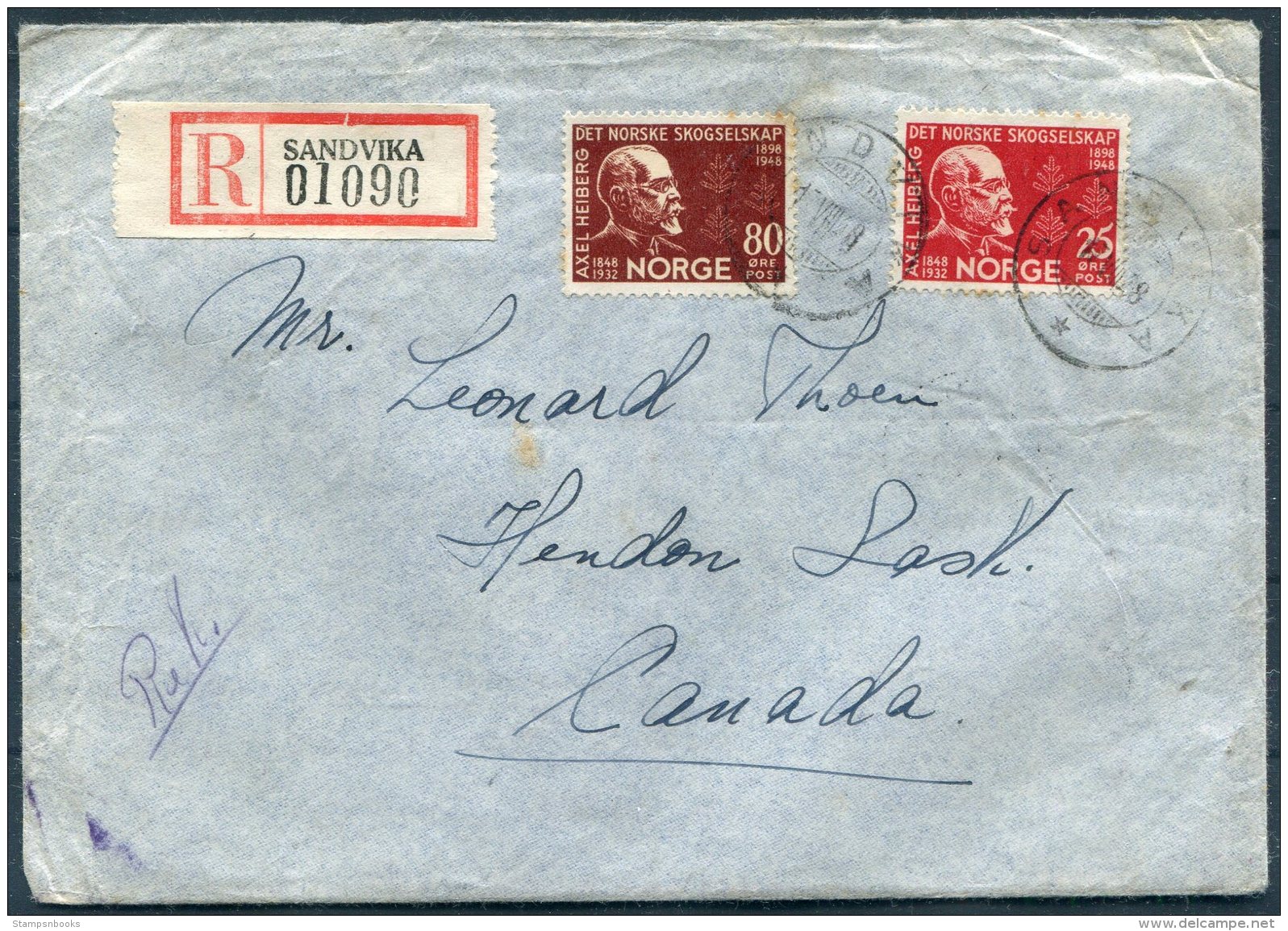 1948 Norway Sandvika Registered Cover - Hendon, Saskatchewan, Via Montreal, Train Railway R.P.O. Canada - Non Classificati