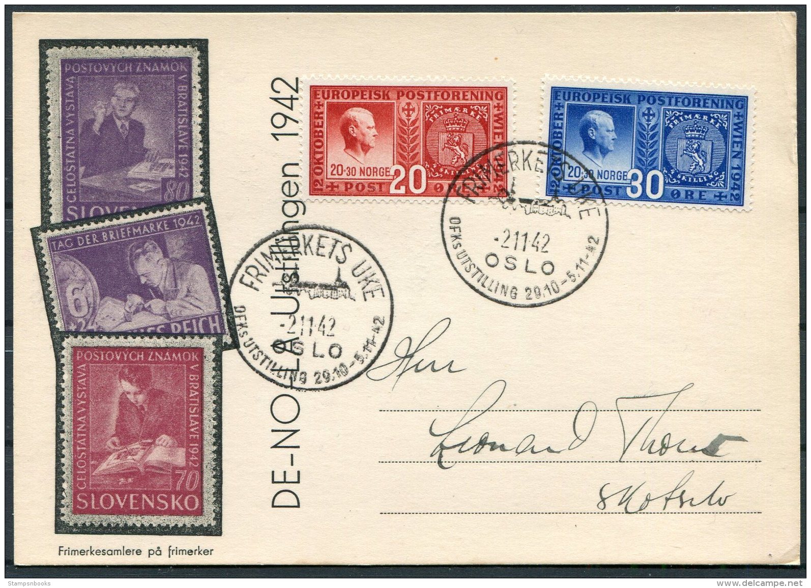 1942 Norway Frimerkets Uke, DFKs Utstillung, Stamp Exhibition Postcard. Oslo, Postal Union Jubilee. Quisling - Covers & Documents