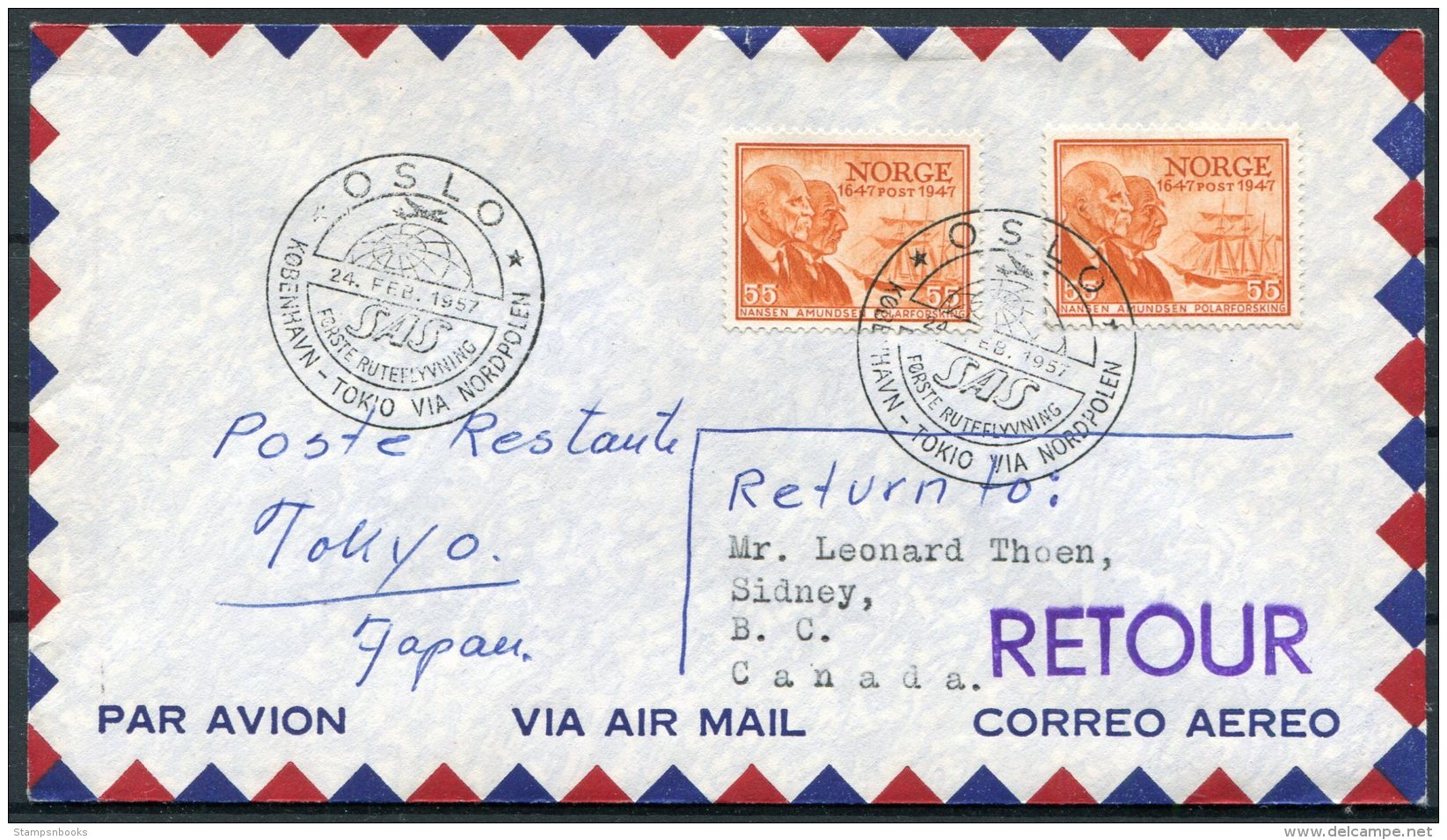 1957 Norway Japan Polar Flight Cover. Oslo - Tokyo. - Storia Postale