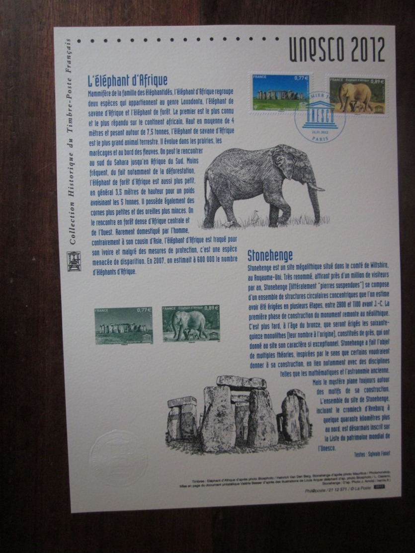 Premier Jour - Collection Historique Du Timbre-poste Français - Unesco éléphant D'afrique - Stonehenge (2012) - Documents De La Poste