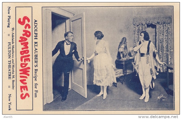 'Scrambled Wives' Adolph Klauber Comedy Theater Play, New York City Production Fulton Theater, C1920s Vintage Postcard - Theatre