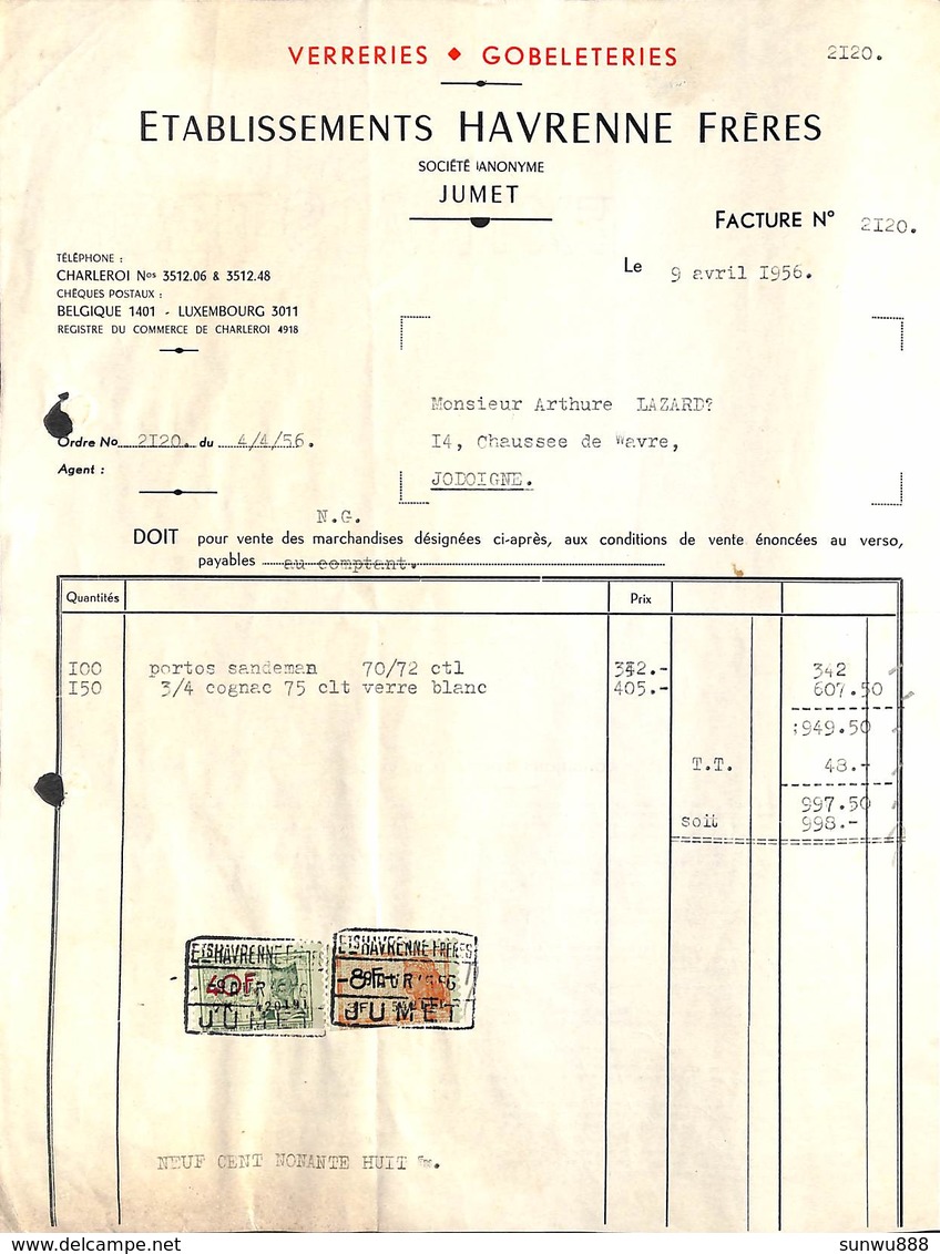 Verreries Gobeleteries Etabl. Havrenne Frères Jumet 1956, Timbres - 1950 - ...