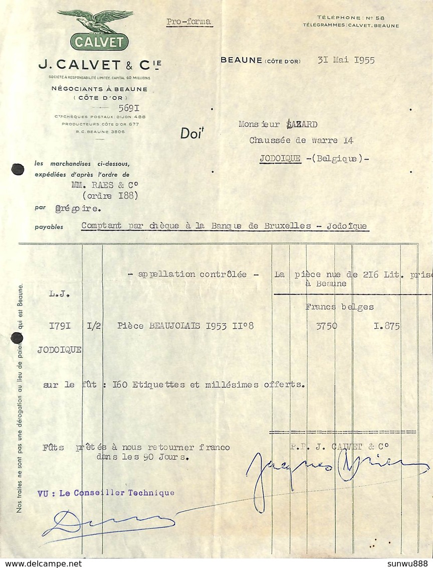 J. Calvet & Cie - Négociant à Beaune Pour Jodoigne 1955 - 1950 - ...