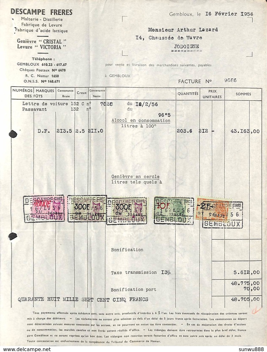 Descampe Frères - Malterie Distillerie à Gembloux Pour Jodoigne 1956, Timbres - 1950 - ...