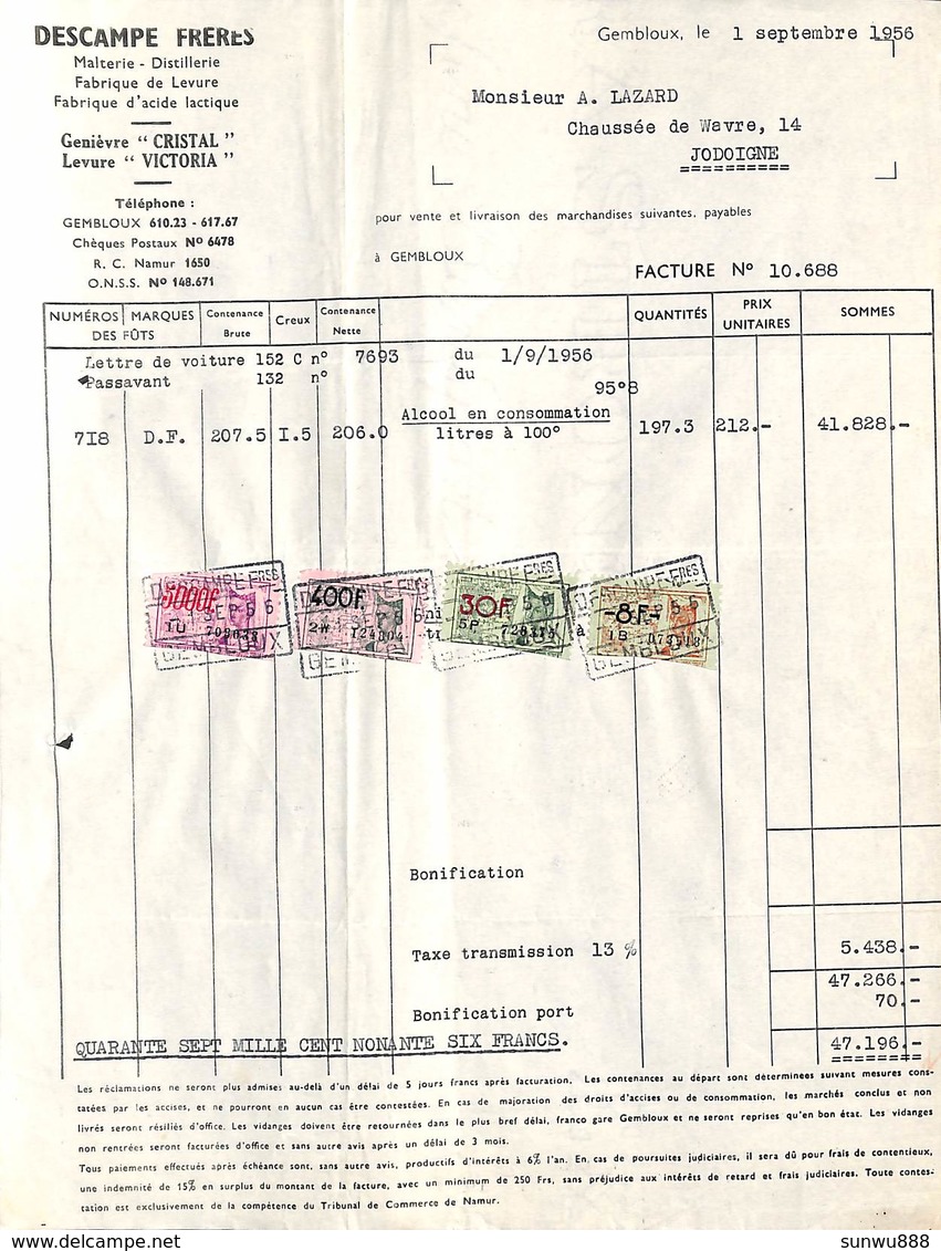 Descampe Frères - Malterie Distillerie à Gembloux Pour Jodoigne 1956, 4 Timbres - 1950 - ...