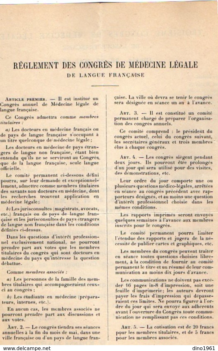 VP12.102 - LYON 1913 - Circulaire - Troisième Congrès De Médecine Légale .... à PARIS - Collections