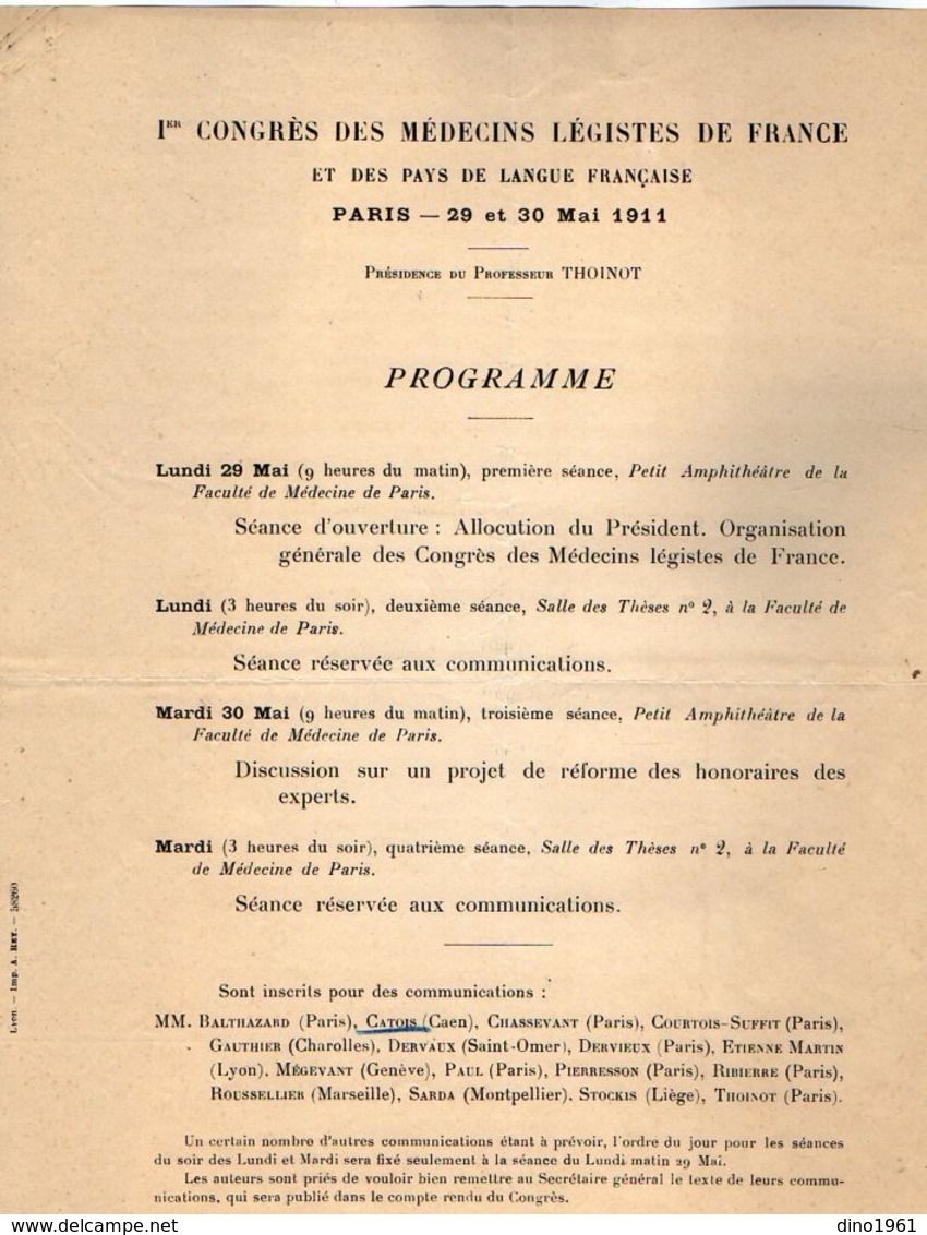 VP12.106 -1911 - Lettre & Programme Du Premier Congrès De Médecins Légistes De France .... à PARIS - Programmes
